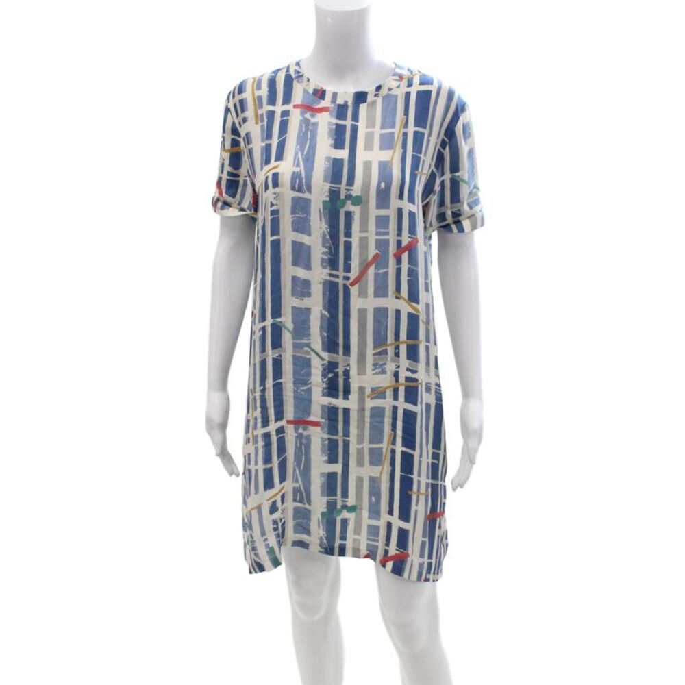 Shan Womens Shift T-Shirt Dress Blue Silk Geometric Short Sleeve Size 4